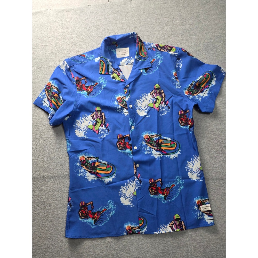 Duvin Design Co Mens MED‎ Blue Jet Ski Graphic Button Up Camp Shirt Short Sleeve